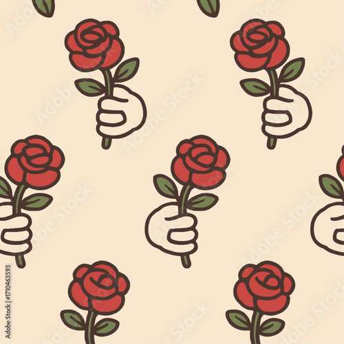 Seamless gothic pattern featuring skeleton hands holding red roses with dark green leaves, blending macabre elegance with romantic symbolism for Halloween, tattoo, and alternative design projects.