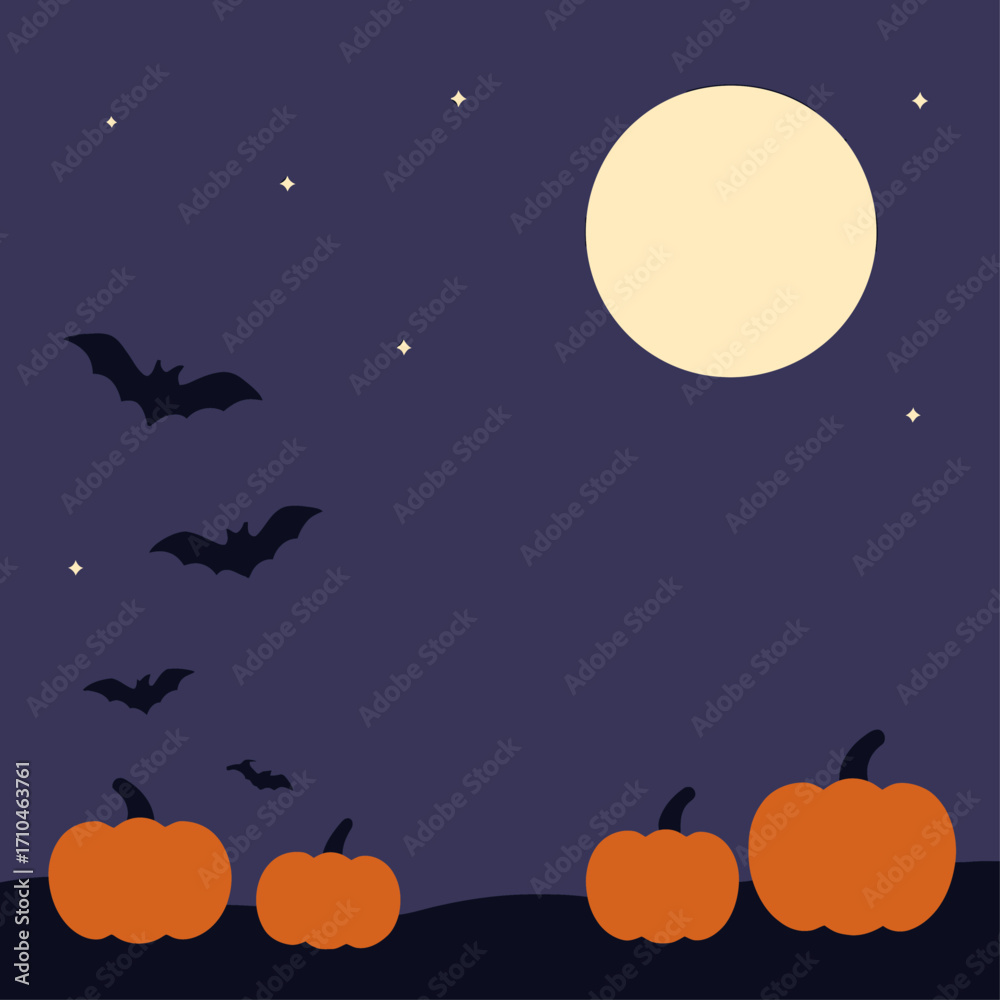 Fototapeta premium Halloween night illustration featuring glowing jack-o’-lantern pumpkins under a full moon with bats flying in a starry purple sky, perfect for seasonal decorations, invitations, and festive designs.
