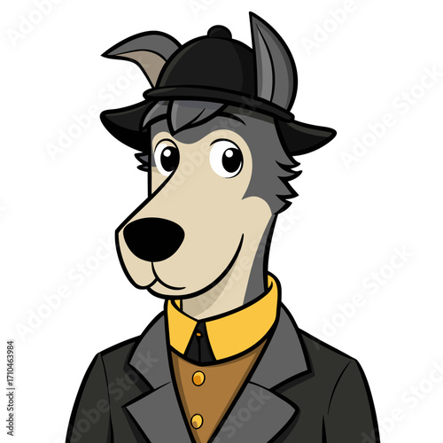 Cartoon detective wolf character in suit and hat vector illustration for graphic design and animation projects