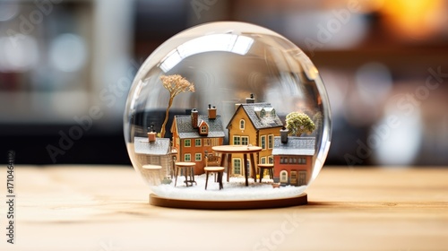 Fototapeta Naklejka Na Ścianę i Meble -  A small, round, transparent glass ball containing a miniature model of a small village with houses, trees, and a street scene, placed on a wooden table with a blurred background.
