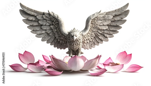 Stone Eagle Sculpture with Wide Wings and Pink Lotus Flower on White Background