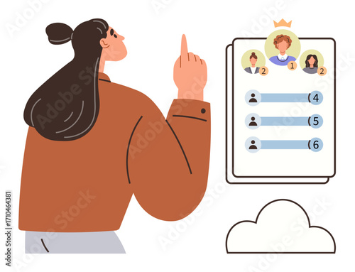 Woman pointing at leaderboard displaying ranked profiles with icons and numerical rankings. Ideal for leadership, competition, analytics, ranking systems, goal-setting, gamification, teamwork. Simple