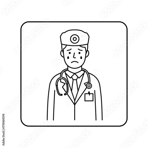 sad doctor with stethoscope wearing cap shows stress in clinic due to depression and burnout a healthcare crisis