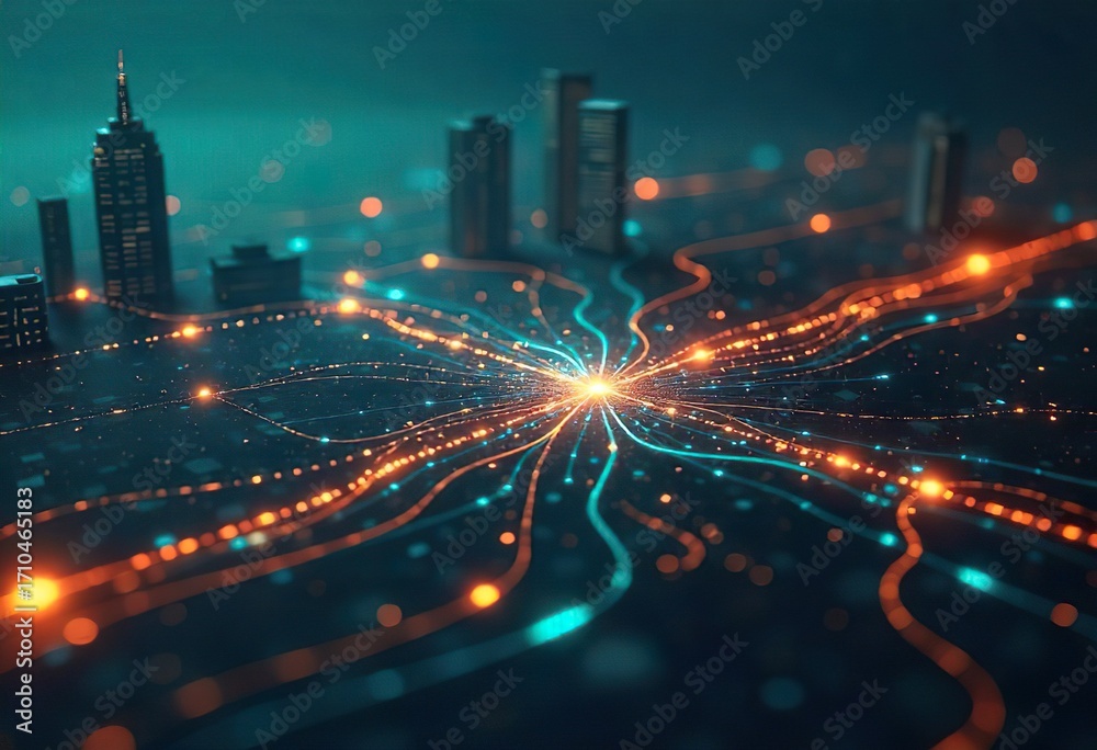 Obraz premium Digital futuristic city skyline with neon lights and data flow