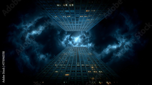 Symmetrical modern skyscraper reflecting sky, viewed from below, centered angle