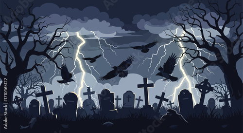 Spooky graveyard scene with lightning and ravens flying