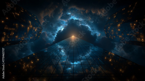 Symmetrical modern skyscraper reflecting sky, viewed from below, centered angle