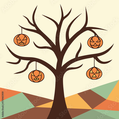 Brown tree adorned with spooky orange pumpkin lanterns hangs over geometric background