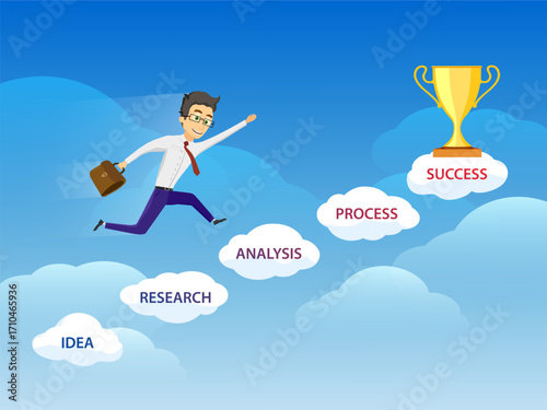 Businessman running up a ladder of clouds. Business development strategy concept. Vector illustration.