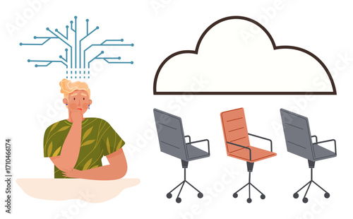 Person thinking with circuit head, cloud icon representing data or ideas, and three empty office chairs. Ideal for innovation, cloud computing, brainstorming, teamwork, decision-making, creativity