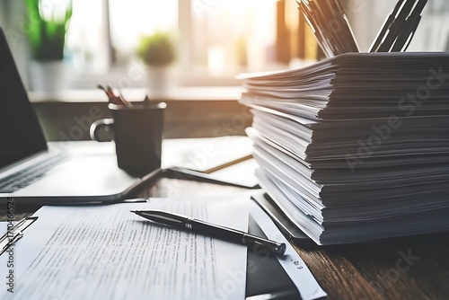 Ballpoint pen rests on documents next to a laptop and pile of papers