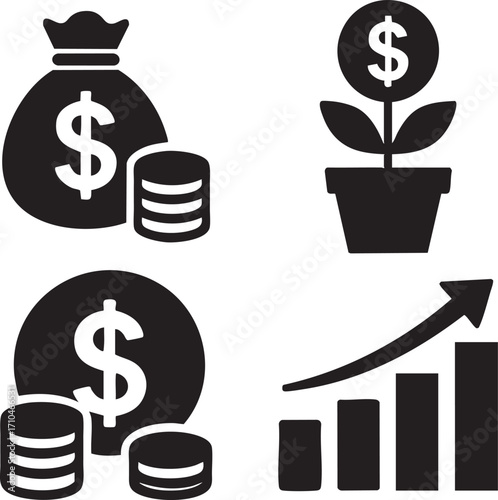 Money Bag and Coins Icon Set