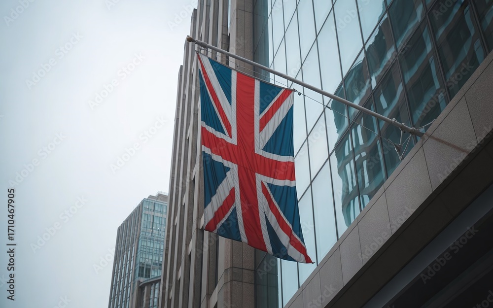 Obraz premium United Kingdom flag hanging proudly on the side of a modern glass building