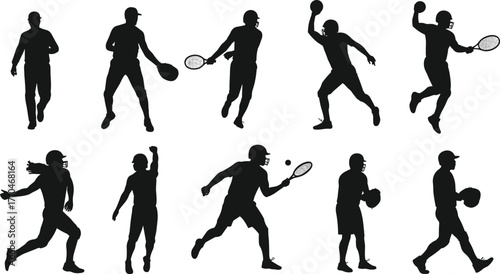 Silhouettes, athletes, sports action, tennis players, football game, basketball throw, dynamic movement, fitness, active lifestyle, competitive energy, athletic gear, team sports, racket sport,