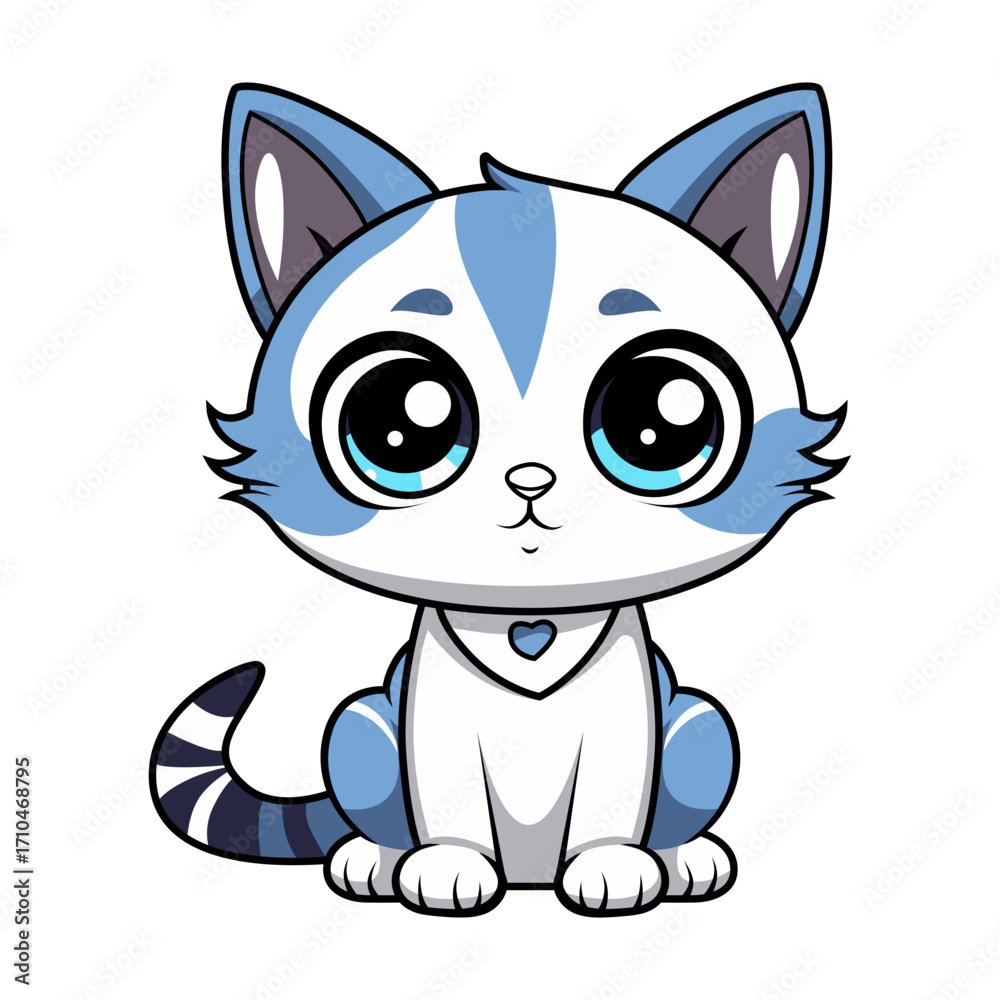 Obraz premium Adorable blue and white cartoon kitten with big eyes sits patiently, perfect for a charming logo or playful animal character.