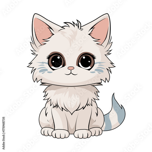 Sweet fluffy kitten graphic with big eyes, a charming animal creation perfect for children's designs and playful branding projects.