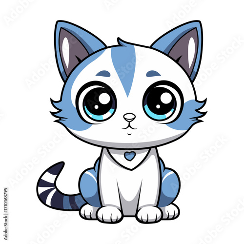 Adorable blue and white cartoon kitten with big eyes sits patiently, perfect for a charming logo or playful animal character.