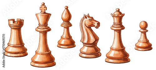 Classic chess pieces isolated vector illustration. The set includes a rook, king, bishop, knight, queen, and pawn.