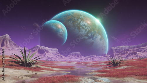 A serene alien landscape with two vibrant planets dominating the sky, creating a sense of wonder and exploration in a distant world