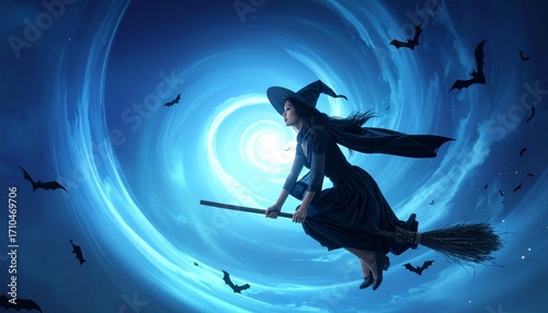 A witch riding a broom through a swirling storm glowing blue background with flying bats around her
