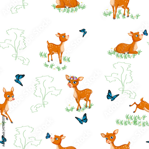 seamless continuous pattern of cartoon funny fawns with a blue butterfly on a green background.ai