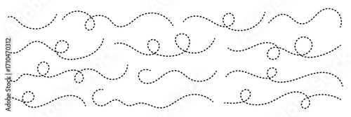 Abstract hand drawn curve lines. Hand sketched spiral curly border. Looping Squiggle Lines. Dotted Hand Sketched Wavy Curvy Lines. Squiggle loopy dashed line vector.