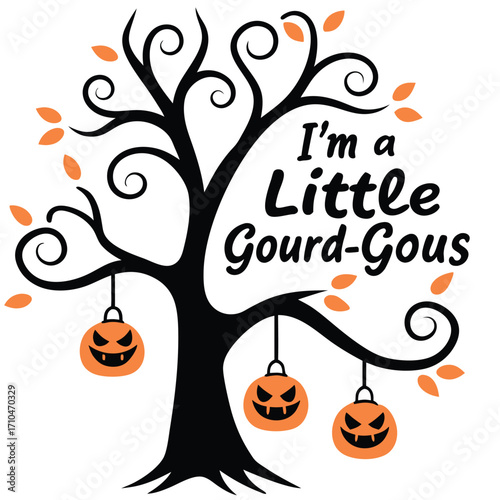 A playful Halloween message appears near a spooky bare tree with pumpkin ornaments