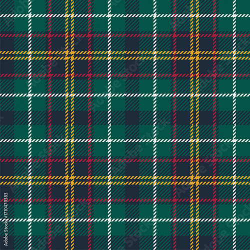 Classic tartan plaid seamless pattern in green, red, and yellow. Checkered fabric texture background. Traditional Scottish vector design for textile, wallpaper, or Christmas holiday decor.