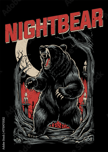Dark night bear roaring bear illustration with gothic moon and candle vintage design