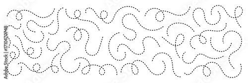 Abstract hand drawn curve lines. Hand sketched spiral curly border. Looping Squiggle Lines. Dotted Hand Sketched Wavy Curvy Lines. Squiggle loopy dashed line vector.