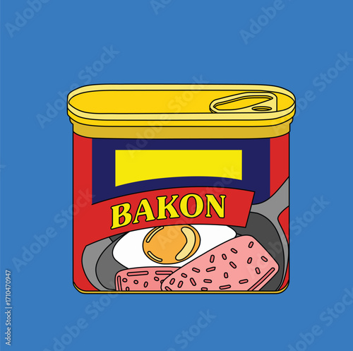 Canned luncheon spam meat (Canned ham). Vector illustration. Hand drawn poster style different flavours spam food	