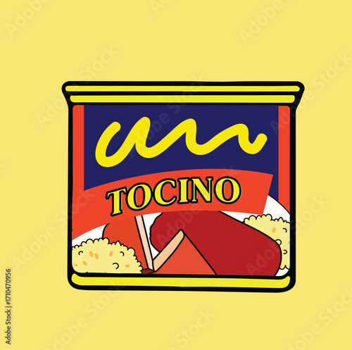 Canned luncheon spam meat (Canned ham). Vector illustration. Hand drawn poster style different flavours spam food	