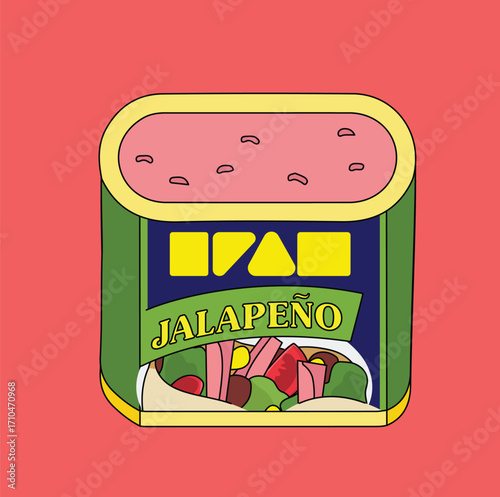 Canned luncheon spam meat (Canned ham). Vector illustration. Hand drawn poster style different flavours spam food	