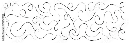 Dashed hand drawn squiggle loopy line vector. Dotted spiral curve line. Hand Sketched Curly Border. Abstract long squiggle dashed. Abstract Hand-Drawn Dotted Line Collection.