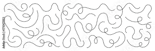 Dashed hand drawn squiggle loopy line vector. Dotted spiral curve line. Hand Sketched Curly Border. Abstract long squiggle dashed. Abstract Hand-Drawn Dotted Line Collection.