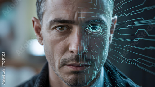 Experience the future of human and digital integration with a stunning portrait of a man's face merging with glowing circuitry, symbolizing innovation and advanced technology.
