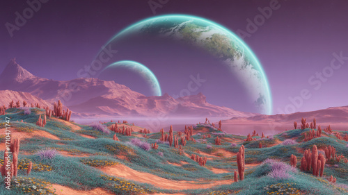 A surreal alien landscape with two large planets in the sky, mountains, and strange vegetation under a purple sky with pink mountains