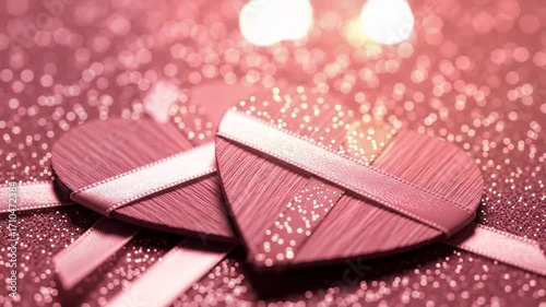 Delicate pink hearts on a glittering background