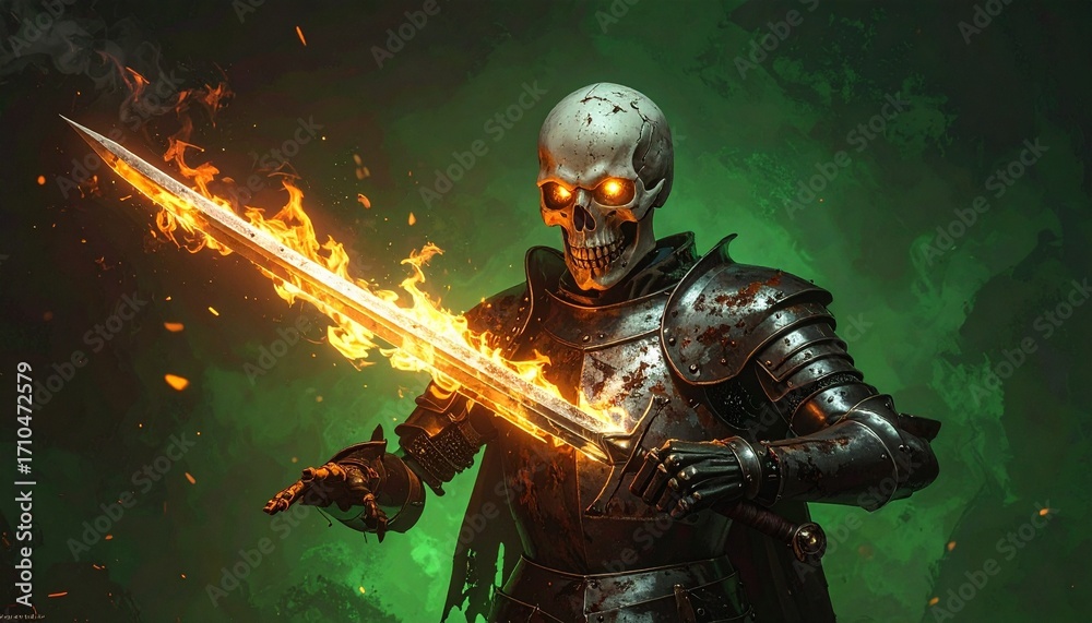 Fototapeta premium A skeleton knight in rusty armor holding a sword glowing flames in the sockets eerie green background