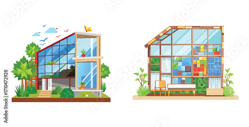 Eco friendly modern house featuring an upcycled glass façade Vector art design illustration