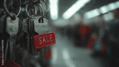 Close-up of keys with red tag labeled sale hanging on ring.