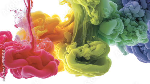 Colorful ink swirling in water isolated on white background, creating a vibrant and abstract composition with a rainbow effect