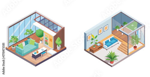Modern atrium homes spacious central courtyards filled with greenery Vector art design