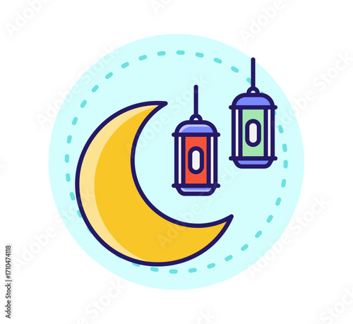 Celebrate Ramadan with festive crescent moon and traditional lanterns creating a warm, inviting atmosphere for spiritual reflection and community gatherings.