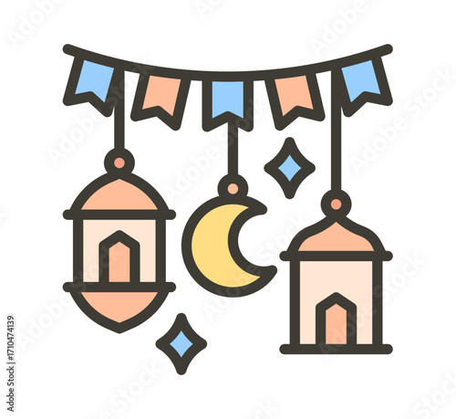 Celebrate festive occasions with charming Islamic crescent moon, lanterns, and decorative flags creating joyful ambiance