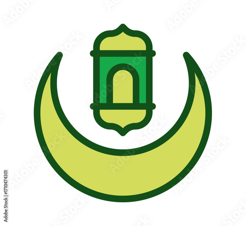 Islamic crescent moon and lantern symbol evokes spirituality and celebration, perfect for Ramadan and cultural events.