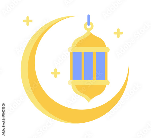 Festive Ramadan lantern illuminated by crescent moon and sparkling stars, celebrating Islamic culture and traditions beautifully