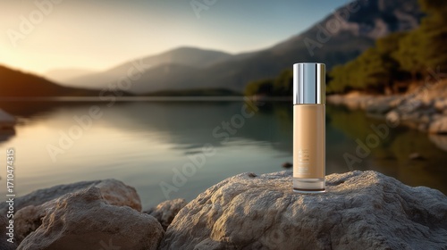 Cosmetic bottle standing on rock near lake with mountain background.