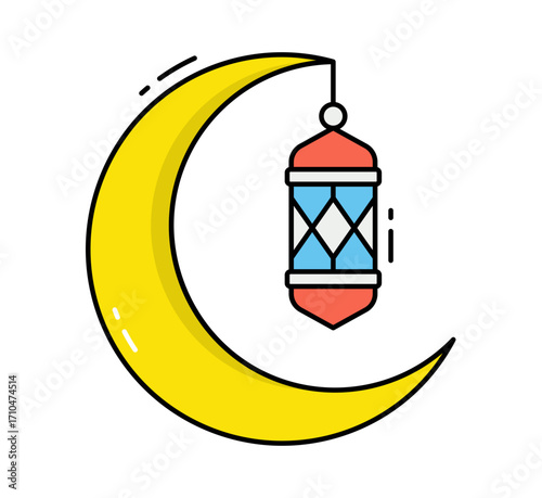 Vibrant crescent moon with traditional lantern symbolises festive celebration and spiritual awakening