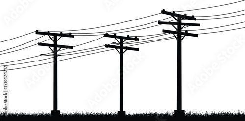 Utility pole silhouette, power lines tension, electrical infrastructure, rural energy grid, black and white contrast, minimalist design, transmission wires, outdoor scene